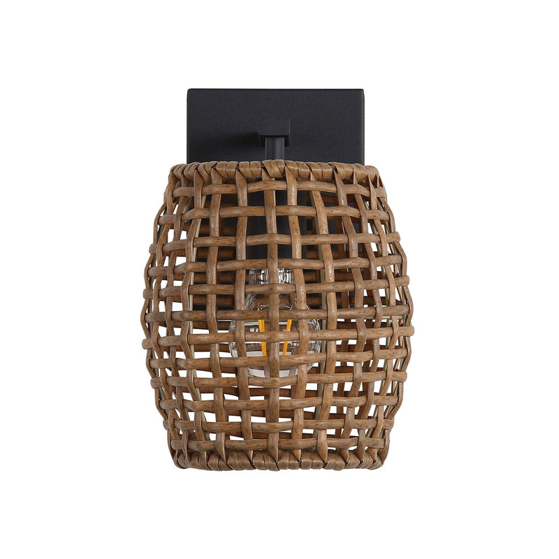 Golden Lighting WeaveLight 1-Light Wall Sconce | Bohemian Natural Black and Maple All-Weather Wicker | Hallway & Bathroom | Model 3000-1W NB-MAW