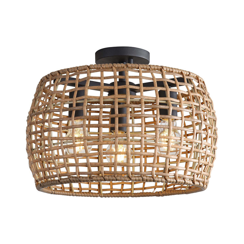 Golden Lighting WeaveLight 16in 3-Light Semi-Flush Mount | Bohemian Natural Black and Maple All-Weather Wicker | Entryway | Model 3000-3SF NB-MAW