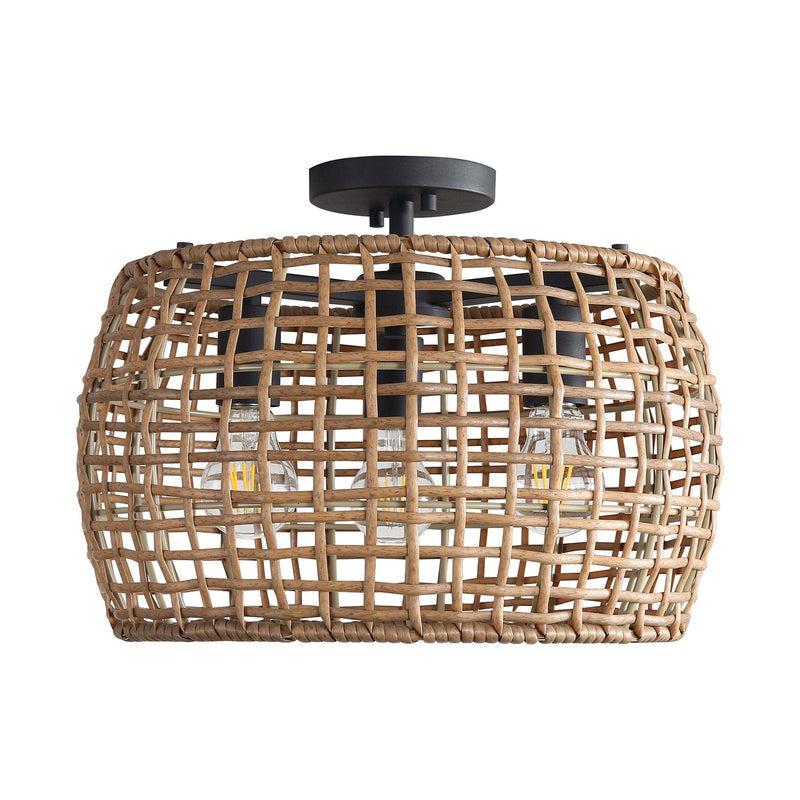 Golden Lighting WeaveLight 16in 3-Light Semi-Flush Mount | Bohemian Natural Black and Maple All-Weather Wicker | Entryway | Model 3000-3SF NB-MAW