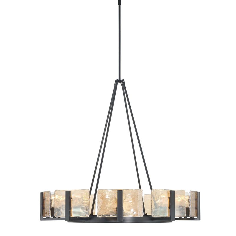Golden Lighting Aenon 36in 10-Light Chandelier | Rustic Matte Black and Amber Water Glass | Dining Room & Foyer | Model 3164-10 BLK-AWG