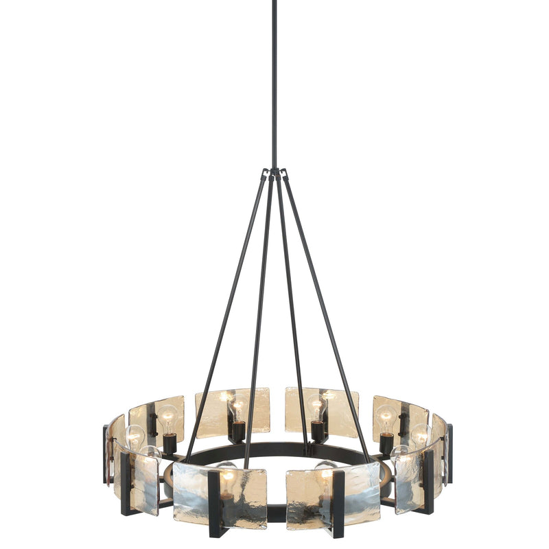 Golden Lighting Aenon 36in 10-Light Chandelier | Rustic Matte Black and Amber Water Glass | Dining Room & Foyer | Model 3164-10 BLK-AWG