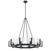 Golden Lighting Aenon 36in 10-Light Chandelier | Rustic Matte Black and Hammered Water Glass | Dining Room & Foyer | Model 3164-10 BLK-HWG