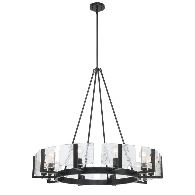 Golden Lighting Aenon 36in 10-Light Chandelier | Rustic Matte Black and Hammered Water Glass | Dining Room & Foyer | Model 3164-10 BLK-HWG