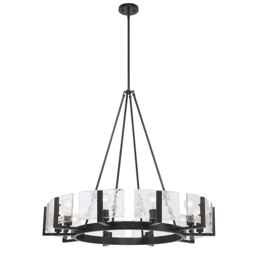 Golden Lighting Aenon 36in 10-Light Chandelier | Rustic Matte Black and Hammered Water Glass | Dining Room & Foyer | Model 3164-10 BLK-HWG