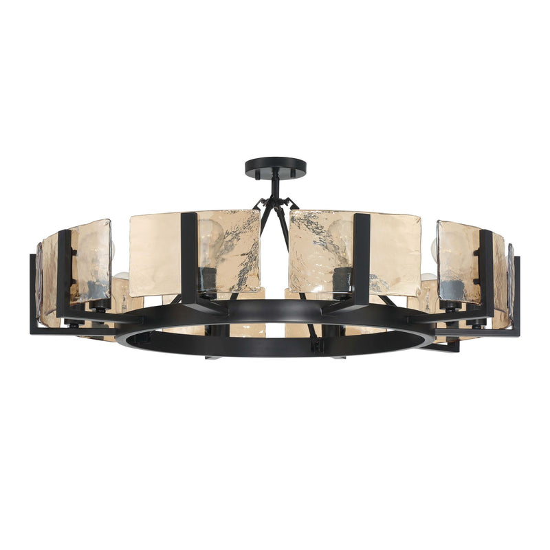 Golden Lighting Aenon 36in 10-Light Semi-Flush Mount | Rustic Matte Black and Amber Water Glass | Dining Room & Foyer | Model 3164-10SF BLK-AWG