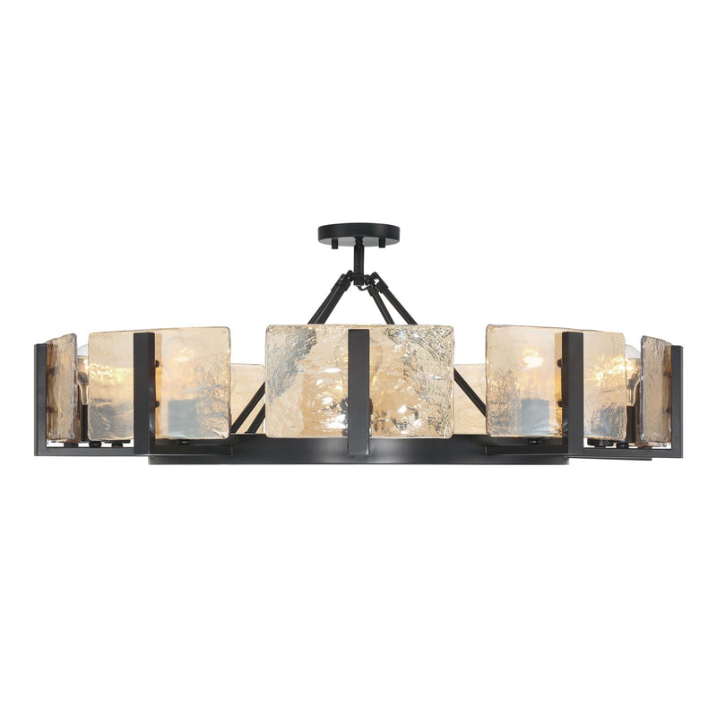 Golden Lighting Aenon 36in 10-Light Semi-Flush Mount | Rustic Matte Black and Amber Water Glass | Dining Room & Foyer | Model 3164-10SF BLK-AWG