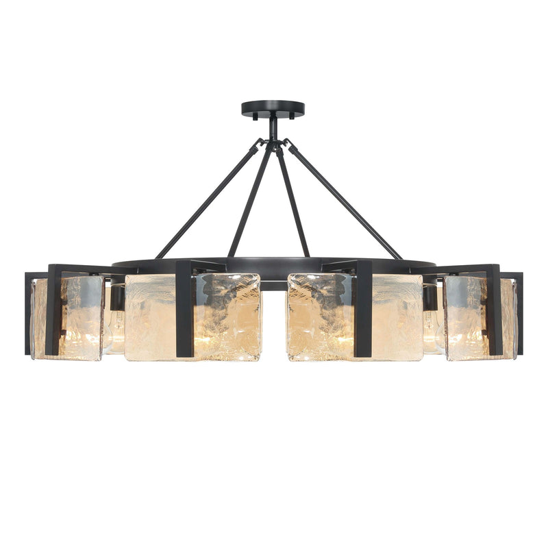 Golden Lighting Aenon 36in 10-Light Semi-Flush Mount | Rustic Matte Black and Amber Water Glass | Dining Room & Foyer | Model 3164-10SF BLK-AWG