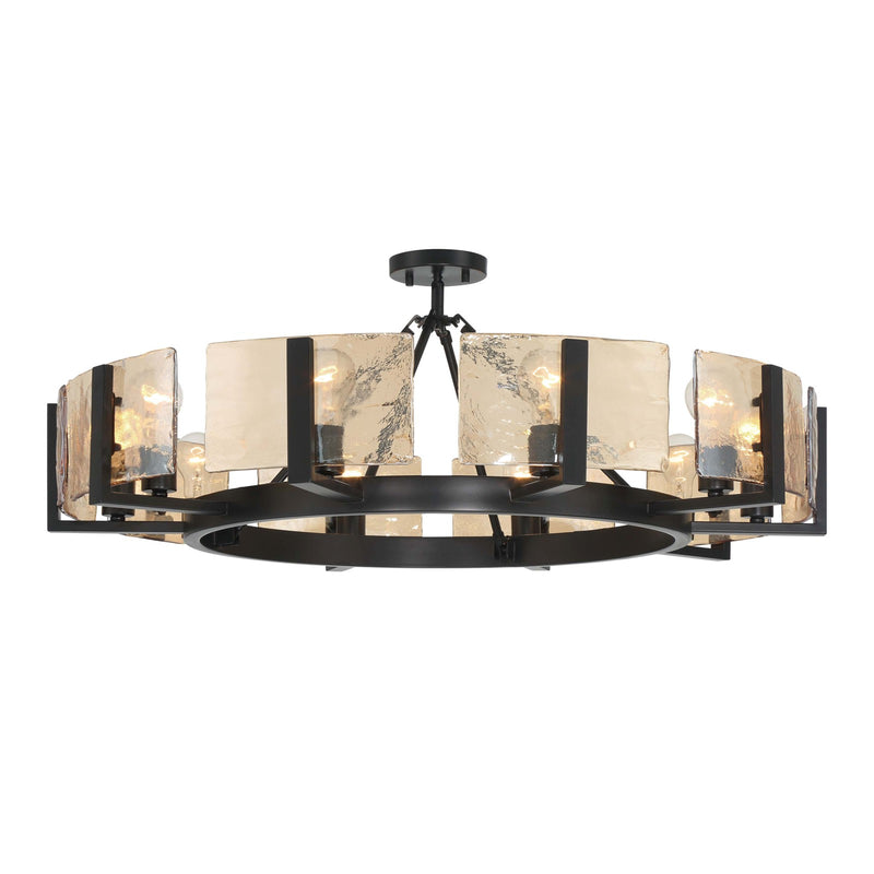 Golden Lighting Aenon 36in 10-Light Semi-Flush Mount | Rustic Matte Black and Amber Water Glass | Dining Room & Foyer | Model 3164-10SF BLK-AWG
