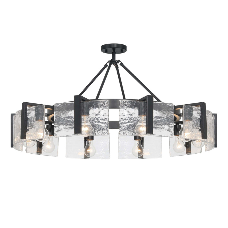 Golden Lighting Aenon 36in 10-Light Semi-Flush Mount | Rustic Matte Black and Hammered Water Glass | Dining Room & Foyer | Model 3164-10SF BLK-HWG