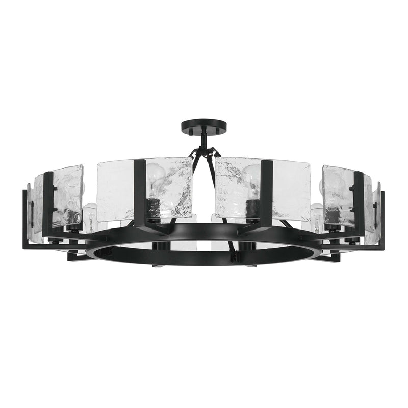 Golden Lighting Aenon 36in 10-Light Semi-Flush Mount | Rustic Matte Black and Hammered Water Glass | Dining Room & Foyer | Model 3164-10SF BLK-HWG