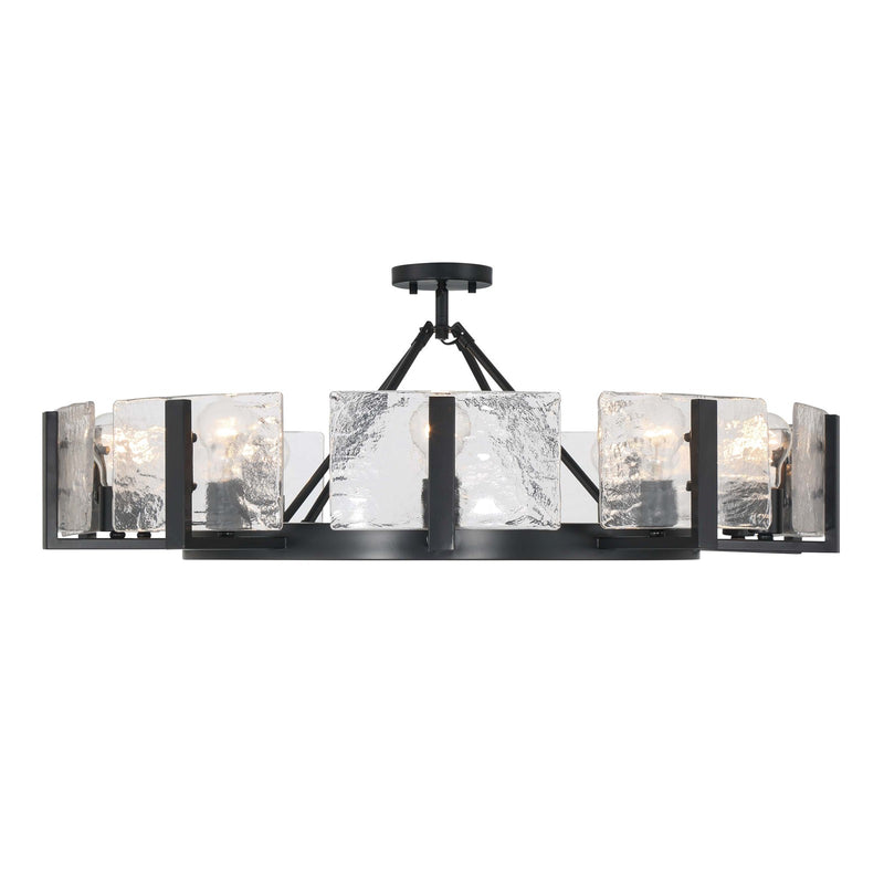 Golden Lighting Aenon 36in 10-Light Semi-Flush Mount | Rustic Matte Black and Hammered Water Glass | Dining Room & Foyer | Model 3164-10SF BLK-HWG