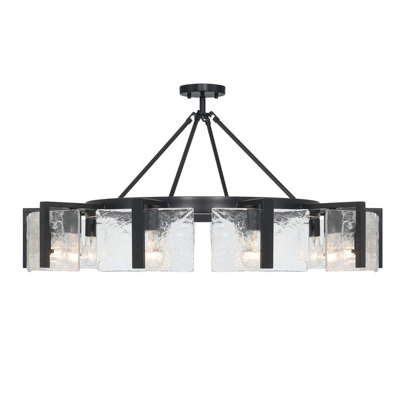 Golden Lighting Aenon 36in 10-Light Semi-Flush Mount | Rustic Matte Black and Hammered Water Glass | Dining Room & Foyer | Model 3164-10SF BLK-HWG