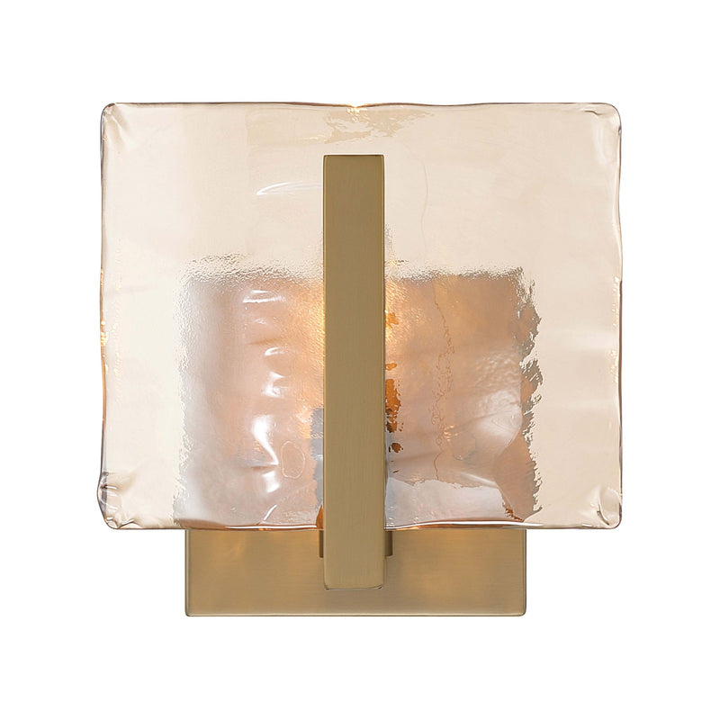 Golden Lighting Aenon 6.88in 1-Light Wall Sconce | Rustic Brushed Champagne Brass and Amber Water Glass | Hallway & Bathroom | Model 3164-1W BCB-AWG