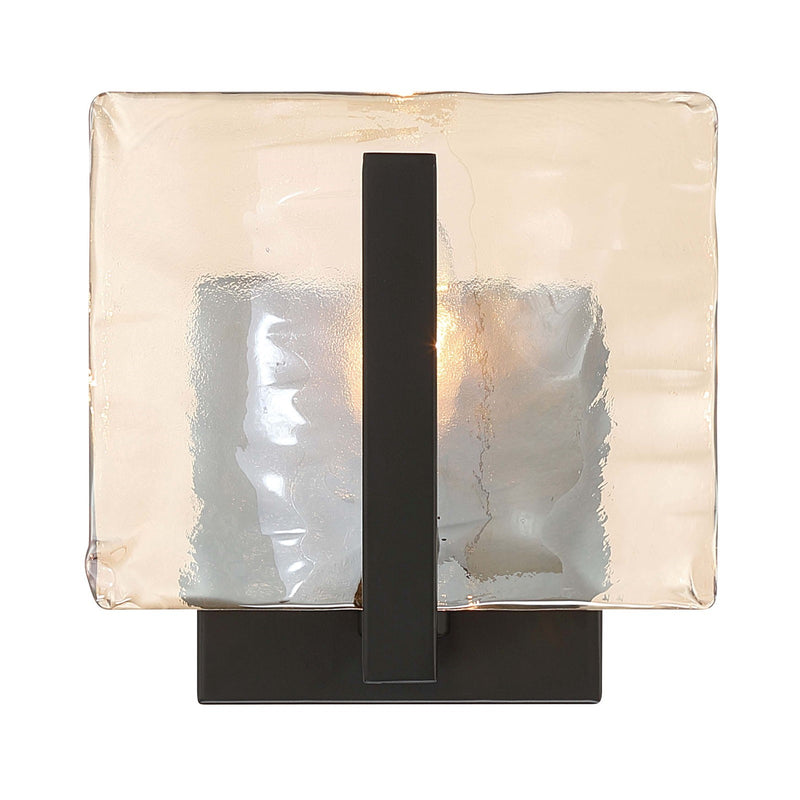 Golden Lighting Aenon 7in 1-Light Wall Sconce | Rustic Matte Black and Amber Water Glass | Bathroom & Hallway | Model 3164-1W BLK-AWG