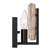 Golden Lighting Aenon 7in 1-Light Wall Sconce | Rustic Matte Black and Amber Water Glass | Bathroom & Hallway | Model 3164-1W BLK-AWG