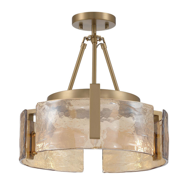 Golden Lighting Aenon 17in 3-Light Semi-Flush Mount | Rustic Brushed Champagne Brass and Amber Water Glass | Entryway | Model 3164-3SF BCB-AWG
