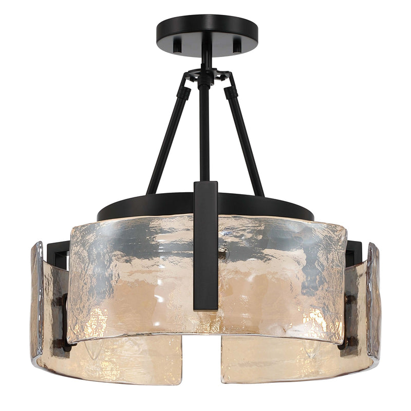 Golden Lighting Aenon 16in 3-Light Semi-Flush Mount | Rustic Matte Black and Amber Water Glass | Entryway & Kitchen | Model 3164-3SF BLK-AWG