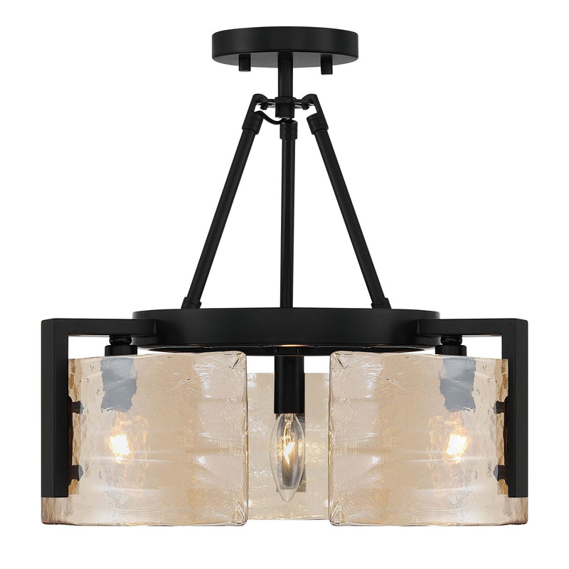 Golden Lighting Aenon 16in 3-Light Semi-Flush Mount | Rustic Matte Black and Amber Water Glass | Entryway & Kitchen | Model 3164-3SF BLK-AWG