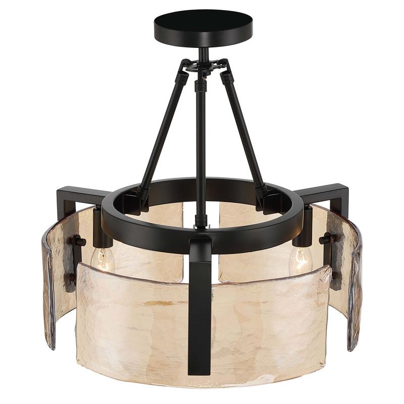Golden Lighting Aenon 16in 3-Light Semi-Flush Mount | Rustic Matte Black and Amber Water Glass | Entryway & Kitchen | Model 3164-3SF BLK-AWG
