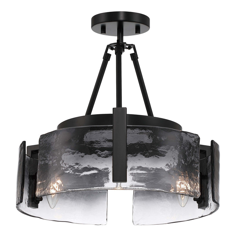 Golden Lighting Aenon 16in 3-Light Semi-Flush Mount | Rustic Matte Black and Smoky Water Glass | Entryway & Foyer | Model 3164-3SF BLK-SWG