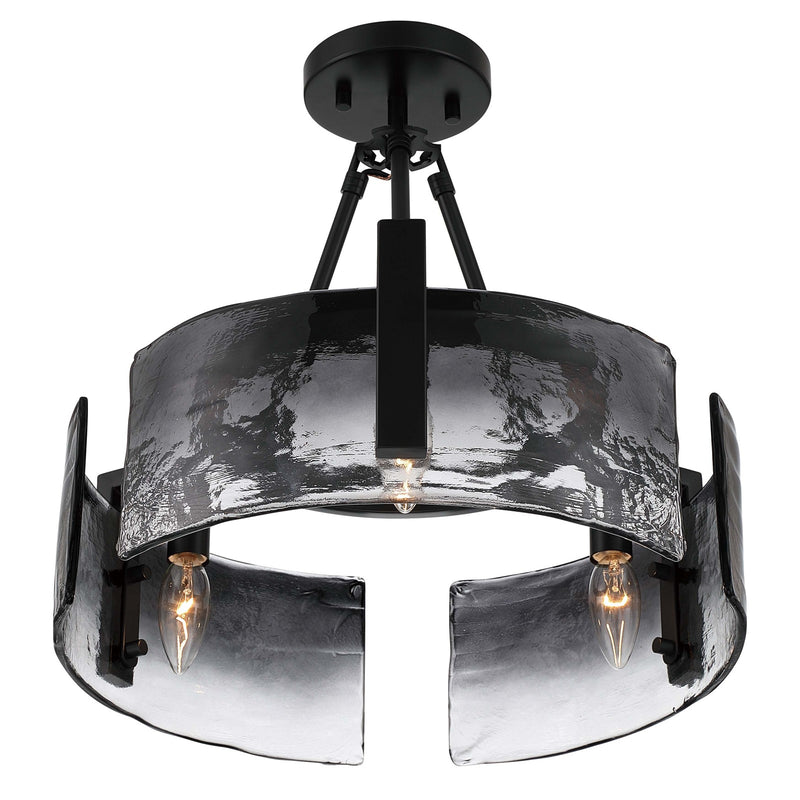 Golden Lighting Aenon 16in 3-Light Semi-Flush Mount | Rustic Matte Black and Smoky Water Glass | Entryway & Foyer | Model 3164-3SF BLK-SWG