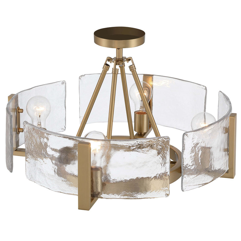 Golden Lighting Aenon 22in 4-Light Semi-Flush Mount | Rustic Brushed Champagne Brass and Hammered Water Glass | Foyer | Model 3164-4SF BCB-HWG
