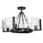 Golden Lighting Aenon 22in 4-Light Semi-Flush Mount | Rustic Matte Black and Hammered Water Glass | Entryway & Foyer | Model 3164-4SF BLK-HWG