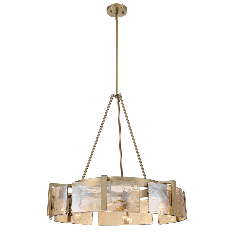 Golden Lighting Aenon 28in 6-Light Chandelier | Rustic Brushed Champagne Brass and Amber Water Glass | Dining Room & Foyer | Model 3164-6 BCB-AWG