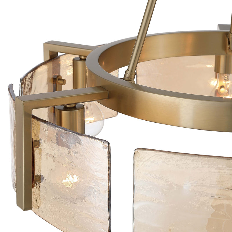 Golden Lighting Aenon 28in 6-Light Chandelier | Rustic Brushed Champagne Brass and Amber Water Glass | Dining Room & Foyer | Model 3164-6 BCB-AWG
