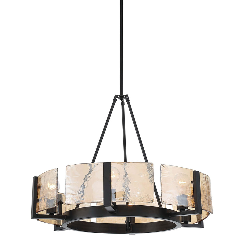 Golden Lighting Aenon 28in 6-Light Chandelier | Rustic Matte Black and Amber Water Glass | Dining Room & Foyer | Model 3164-6 BLK-AWG