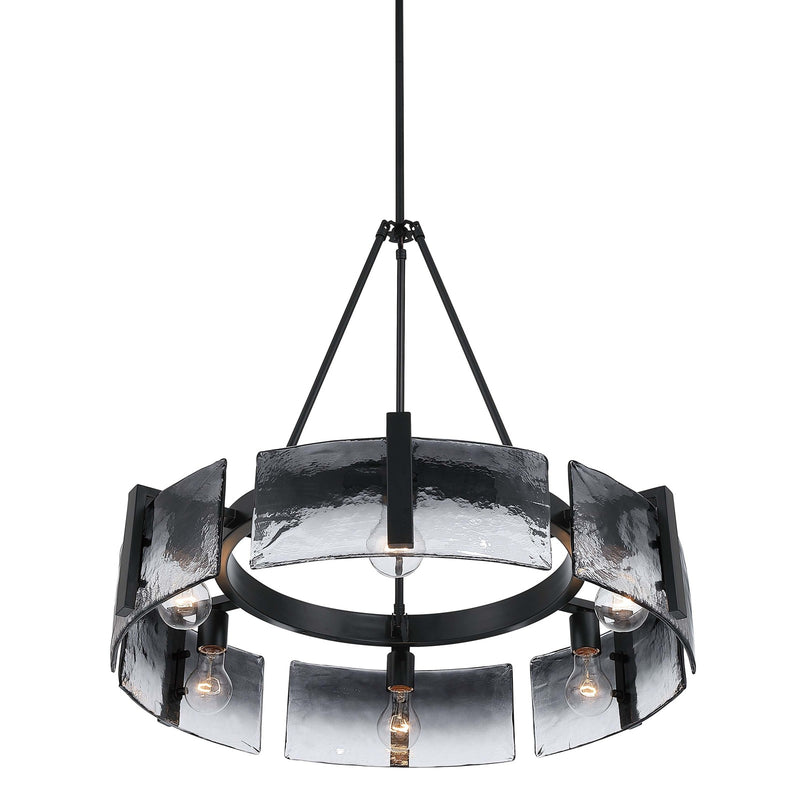 Golden Lighting Aenon 28in 6-Light Chandelier | Rustic Matte Black and Smoky Water Glass | Dining Room & Foyer | Model 3164-6 BLK-SWG