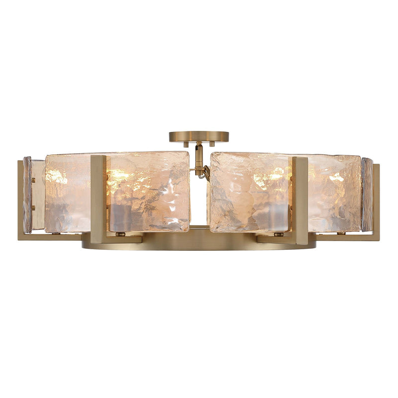 Golden Lighting Aenon 6-Light Semi-Flush Mount | Rustic Brushed Champagne Brass and Amber Water Glass | Foyer & Dining Room | Model 3164-6SF BCB-AWG