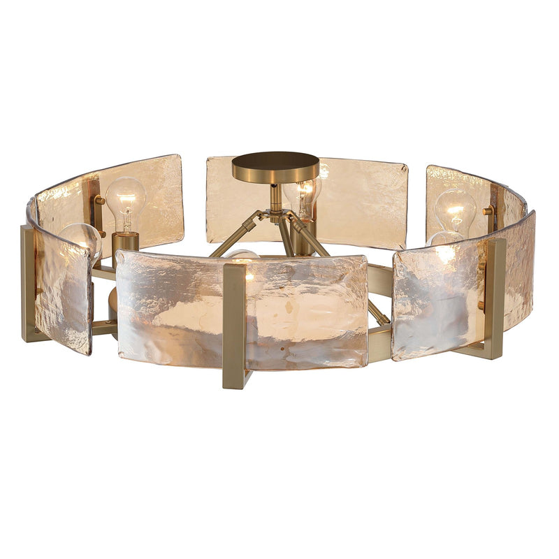 Golden Lighting Aenon 6-Light Semi-Flush Mount | Rustic Brushed Champagne Brass and Amber Water Glass | Foyer & Dining Room | Model 3164-6SF BCB-AWG