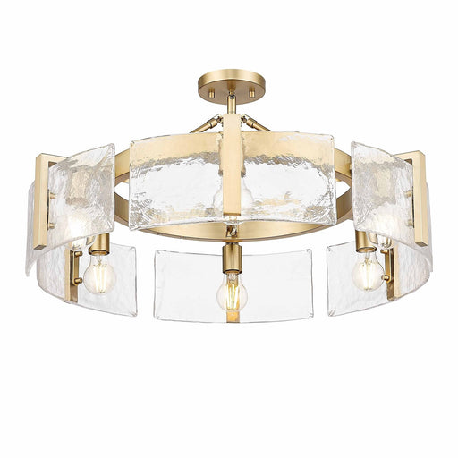 Golden Lighting Aenon 28in 6-Light Semi-Flush Mount | Rustic Brushed Champagne Brass and Hammered Water Glass | Entryway | Model 3164-6SF BCB-HWG