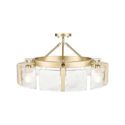 Golden Lighting Aenon 28in 6-Light Semi-Flush Mount | Rustic Brushed Champagne Brass and Hammered Water Glass | Entryway | Model 3164-6SF BCB-HWG