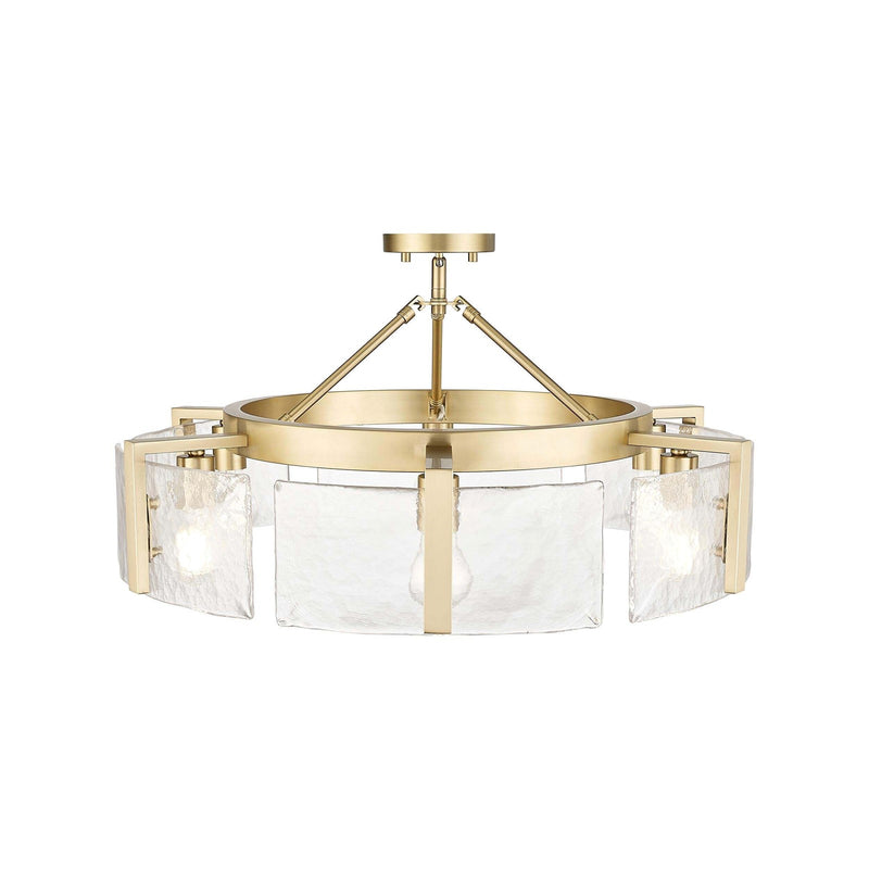 Golden Lighting Aenon 28in 6-Light Semi-Flush Mount | Rustic Brushed Champagne Brass and Hammered Water Glass | Entryway | Model 3164-6SF BCB-HWG