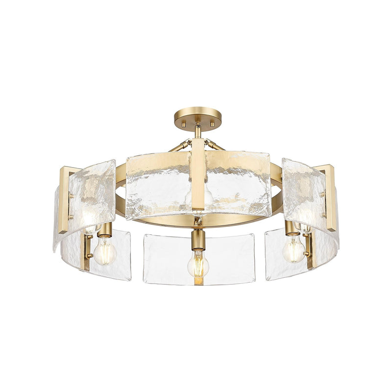 Golden Lighting Aenon 28in 6-Light Semi-Flush Mount | Rustic Brushed Champagne Brass and Hammered Water Glass | Entryway | Model 3164-6SF BCB-HWG