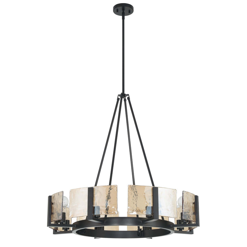 Golden Lighting Aenon 32in 8-Light Chandelier | Rustic Matte Black and Amber Water Glass | Dining Room & Foyer | Model 3164-8 BLK-AWG