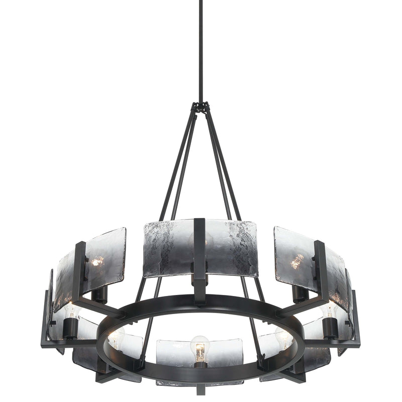 Golden Lighting Aenon 32in 8-Light Chandelier | Rustic Matte Black and Smoky Water Glass | Dining Room & Foyer | Model 3164-8 BLK-SWG