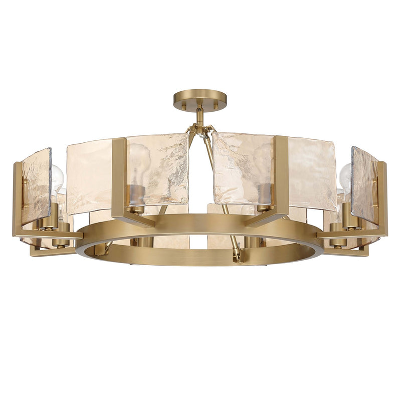 Golden Lighting Aenon 32in 8-Light Semi-Flush Mount | Rustic Brushed Champagne Brass and Amber Water Glass | Foyer & Dining | Model 3164-8SF BCB-AWG