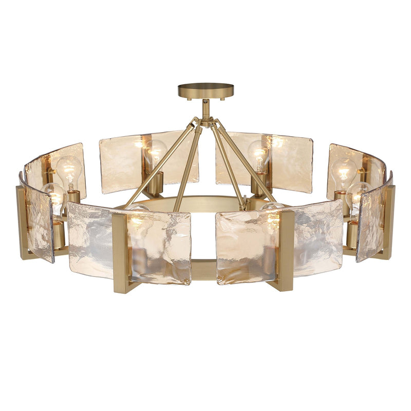 Golden Lighting Aenon 32in 8-Light Semi-Flush Mount | Rustic Brushed Champagne Brass and Amber Water Glass | Foyer & Dining | Model 3164-8SF BCB-AWG