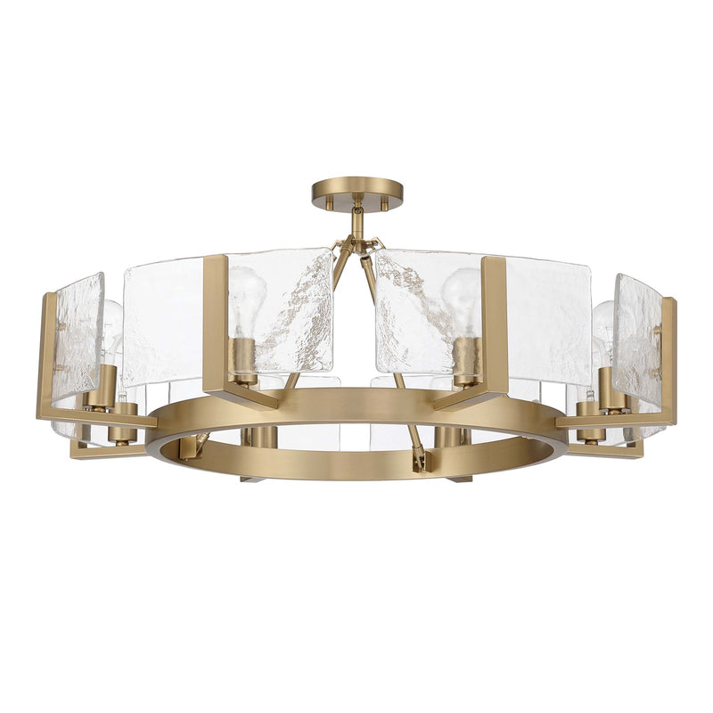 Golden Lighting Aenon 32in 8-Light Semi-Flush Mount | Rustic Brushed Champagne Brass and Hammered Water Glass | Dining Room | Model 3164-8SF BCB-HWG