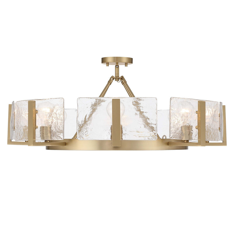 Golden Lighting Aenon 32in 8-Light Semi-Flush Mount | Rustic Brushed Champagne Brass and Hammered Water Glass | Dining Room | Model 3164-8SF BCB-HWG