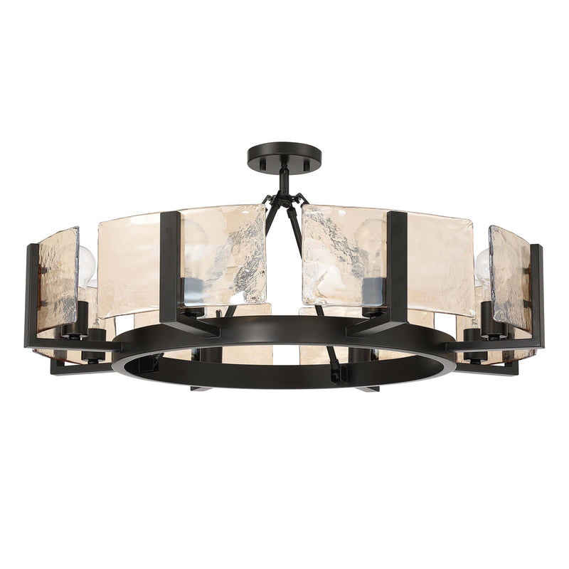 Golden Lighting Aenon 32in 8-Light Semi-Flush Mount | Rustic Matte Black and Amber Water Glass | Entryway & Foyer | Model 3164-8SF BLK-AWG