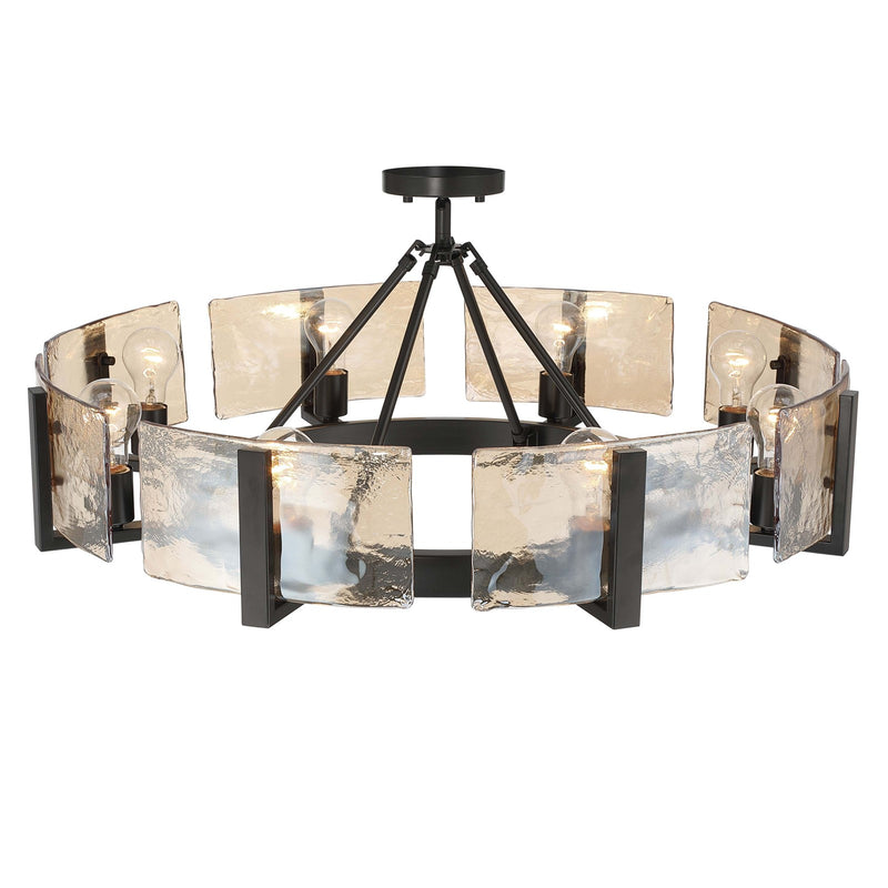 Golden Lighting Aenon 32in 8-Light Semi-Flush Mount | Rustic Matte Black and Amber Water Glass | Entryway & Foyer | Model 3164-8SF BLK-AWG