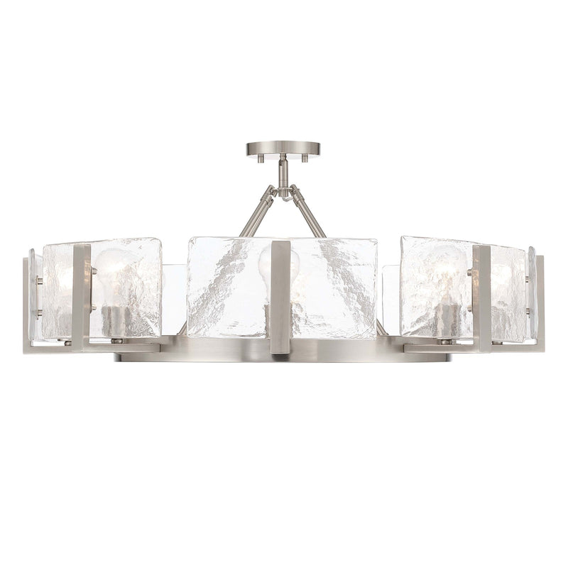 Golden Lighting Aenon 32in 8-Light Semi-Flush Mount | Rustic Pewter and Hammered Water Glass | Foyer & Dining Room | Model 3164-8SF PW-HWG