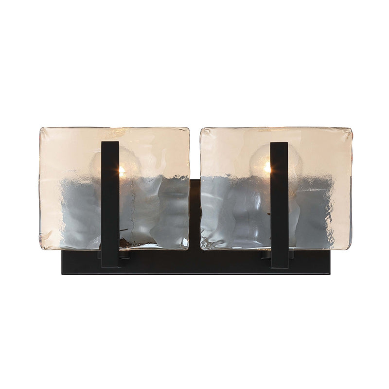 Golden Lighting Aenon 14in 2-Light Vanity Light | Rustic Matte Black and Amber Water Glass | Bathroom | Model 3164-BA2 BLK-AWG