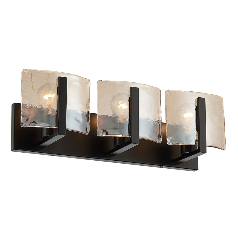 Golden Lighting Aenon 22in 3-Light Vanity Light | Rustic Matte Black and Amber Water Glass | Bathroom | Model 3164-BA3 BLK-AWG