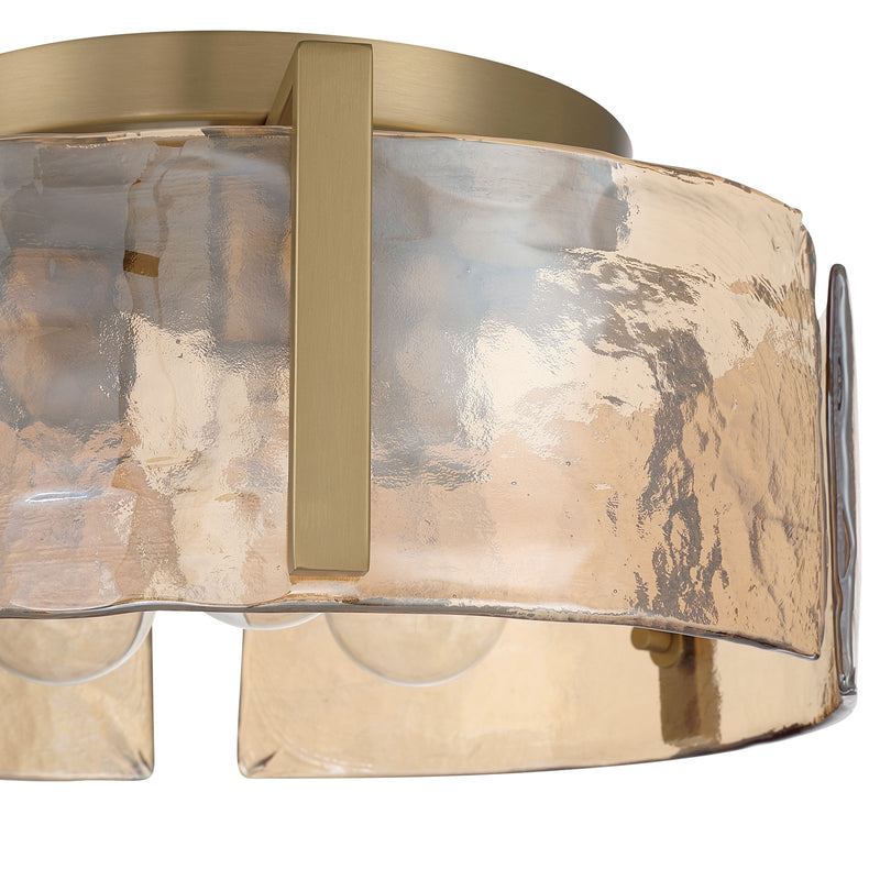 Golden Lighting Aenon 15in 3-Light Flush Mount | Rustic Brushed Champagne Brass and Amber Water Glass | Hallway & Bathroom | Model 3164-FM BCB-AWG