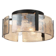 Golden Lighting Aenon 15in 3-Light Flush Mount | Rustic Matte Black and Amber Water Glass | Hallway & Bathroom | Model 3164-FM BLK-AWG